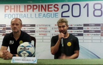 <p>Ceres Negros head coach Risto Vidakovic (left) with Japanese striker Takumi Uesato in a press conference after their 2-0 win against Stallion Laguna at the Panaad Stadium in Bacolod City on Sunday night. <em>(Photo by Nanette L. Guadalquiver)</em></p>